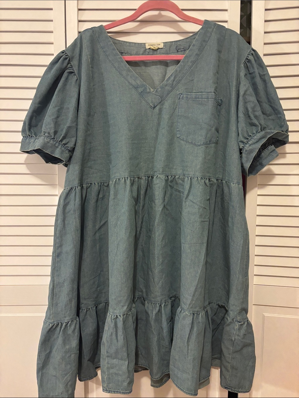 Casual Light Blue V-Neck Tiered Chambray Dress